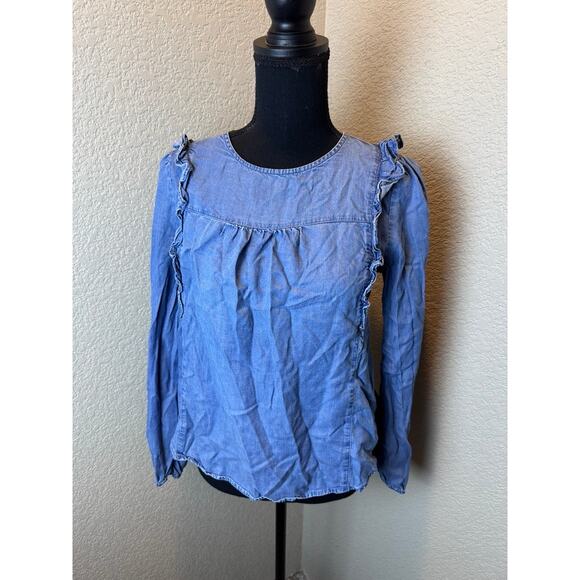 LOFT Outlet Chambray Ruffle Trim Long Sleeve Top Women's Size SP - Picture 1 of 3